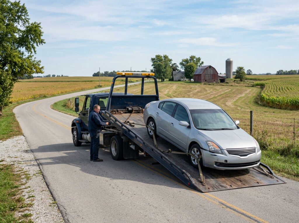 Flatbed tow truck loading a sedan onto its bed near New Carlisle, Indiana