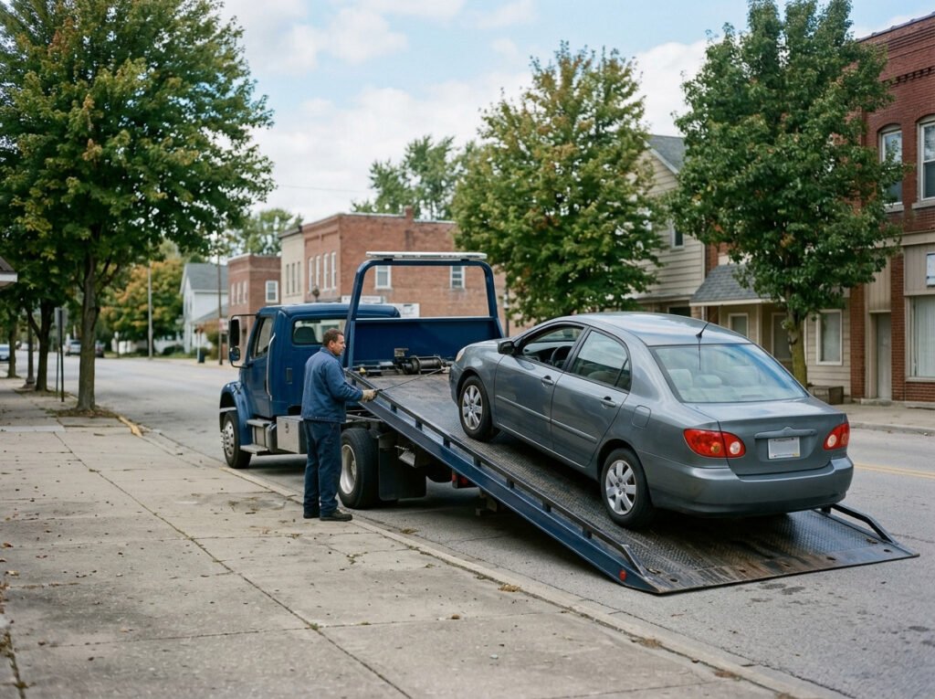Flatbed tow truck loading a sedan onto its bed near North Liberty, Indiana