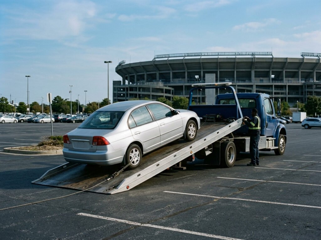 Flatbed tow truck loading a sedan near a stadium parking area near Notre Dame, Indiana