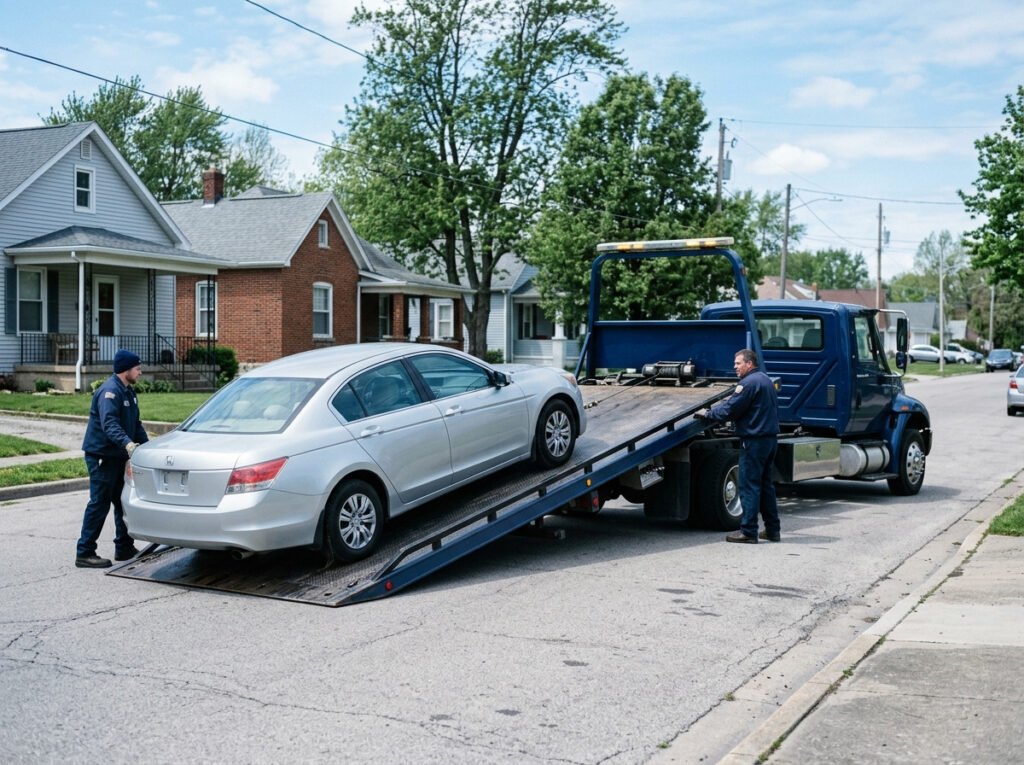 Flatbed tow truck loading a sedan onto its bed in Osceola, Indiana