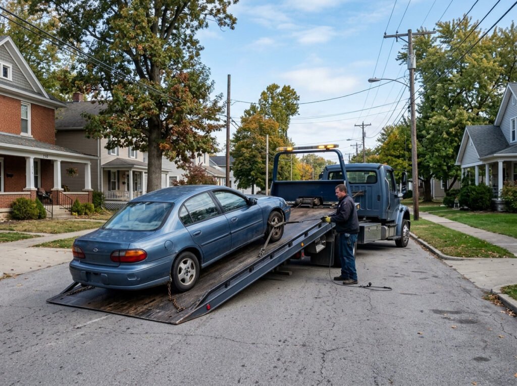 Flatbed tow truck loading a sedan onto its bed in Roseland, Indiana