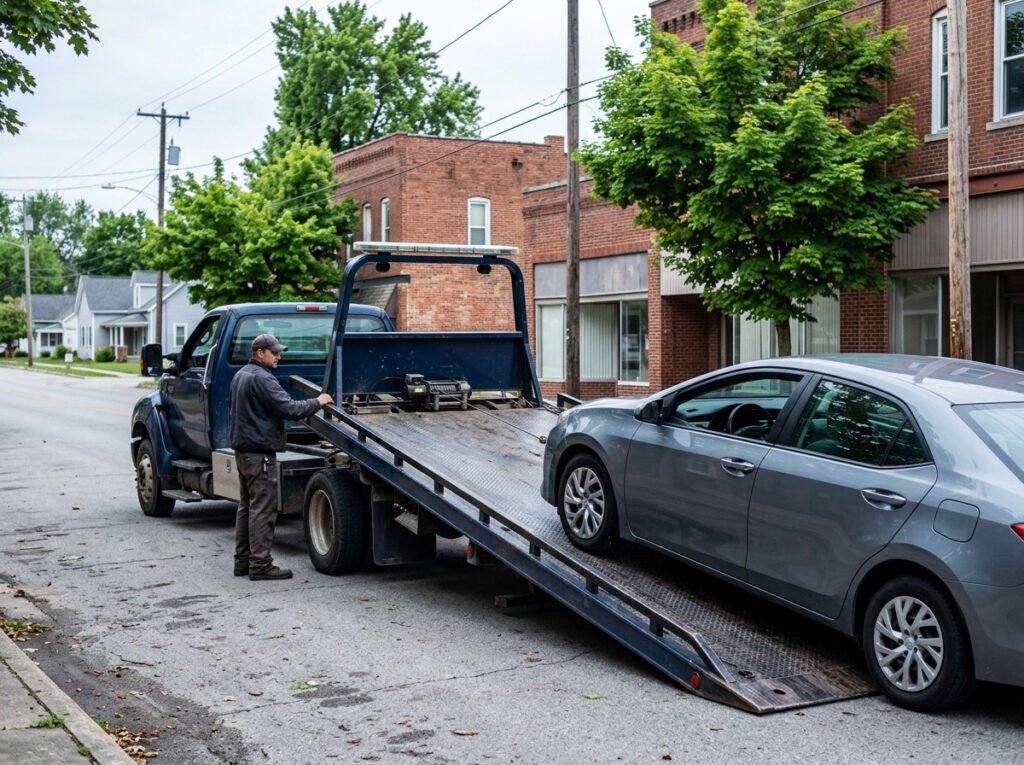 Flatbed tow truck loading a sedan onto its bed near Walkerton, Indiana