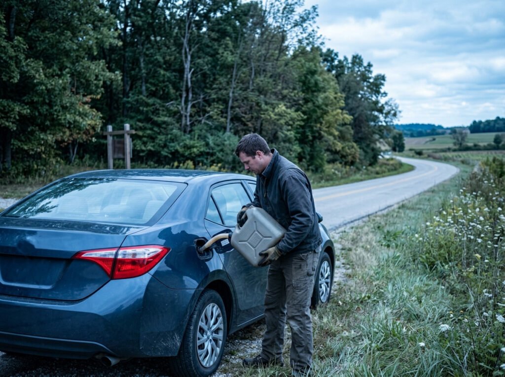 Technician delivering fuel to a car near the park entrance in Lakeville, Indiana