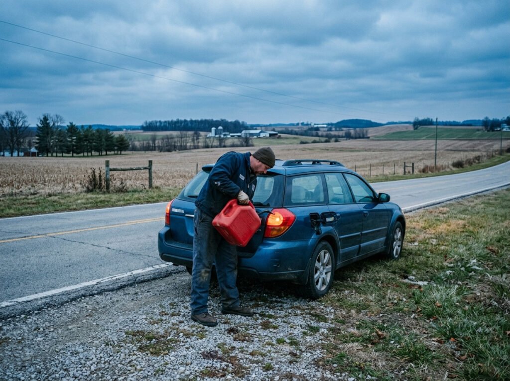 Technician delivering fuel to a car on a rural roadside near New Carlisle, Indiana