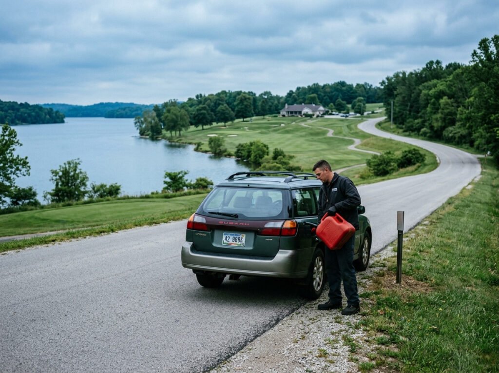 Technician delivering fuel to a car near a lake and golf course area in Walkerton, Indiana