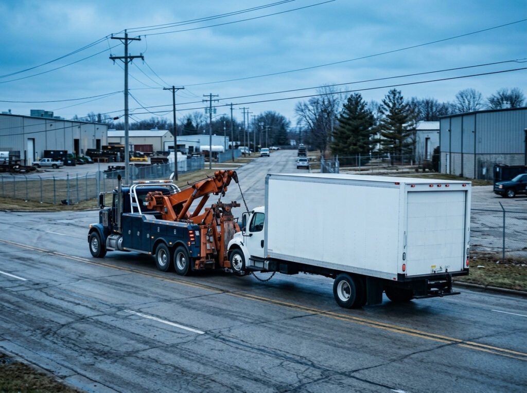 Heavy duty tow truck wrecker towing a large box truck near Granger, Indiana
