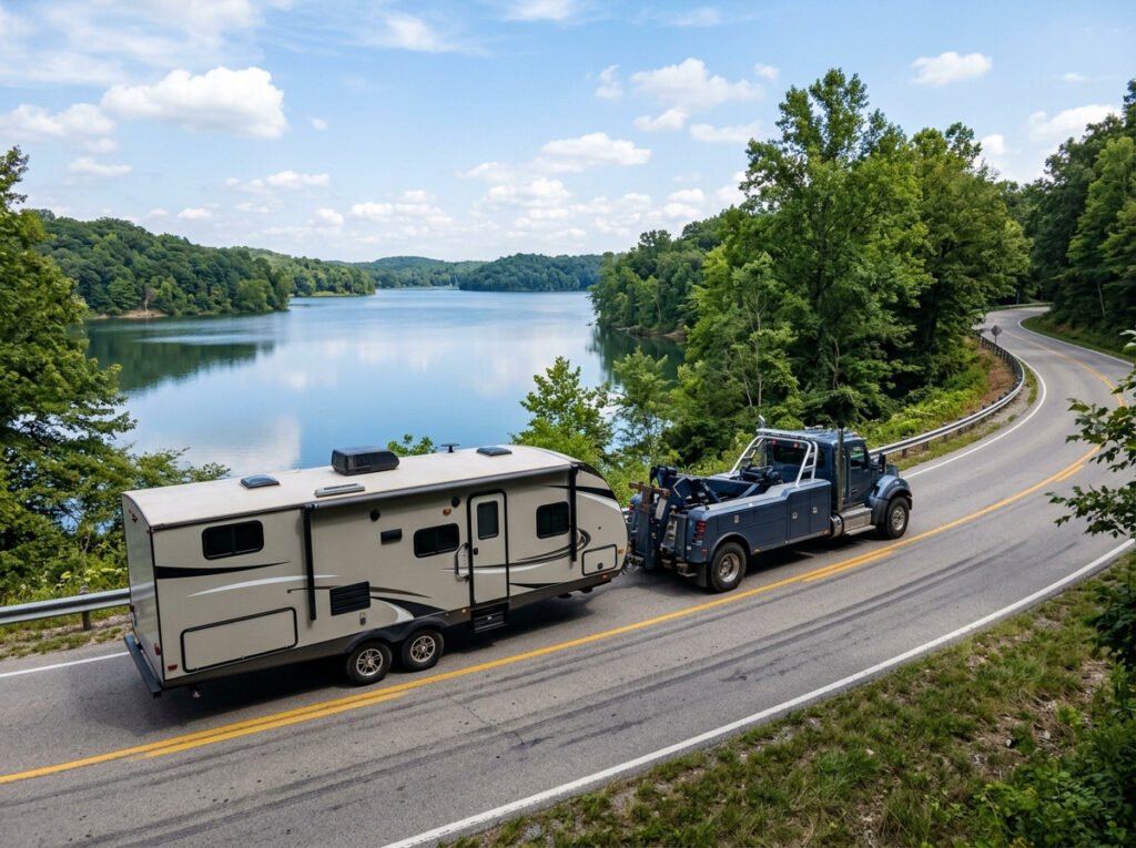 Heavy duty tow truck towing a large travel trailer camper near Lakeville, Indiana