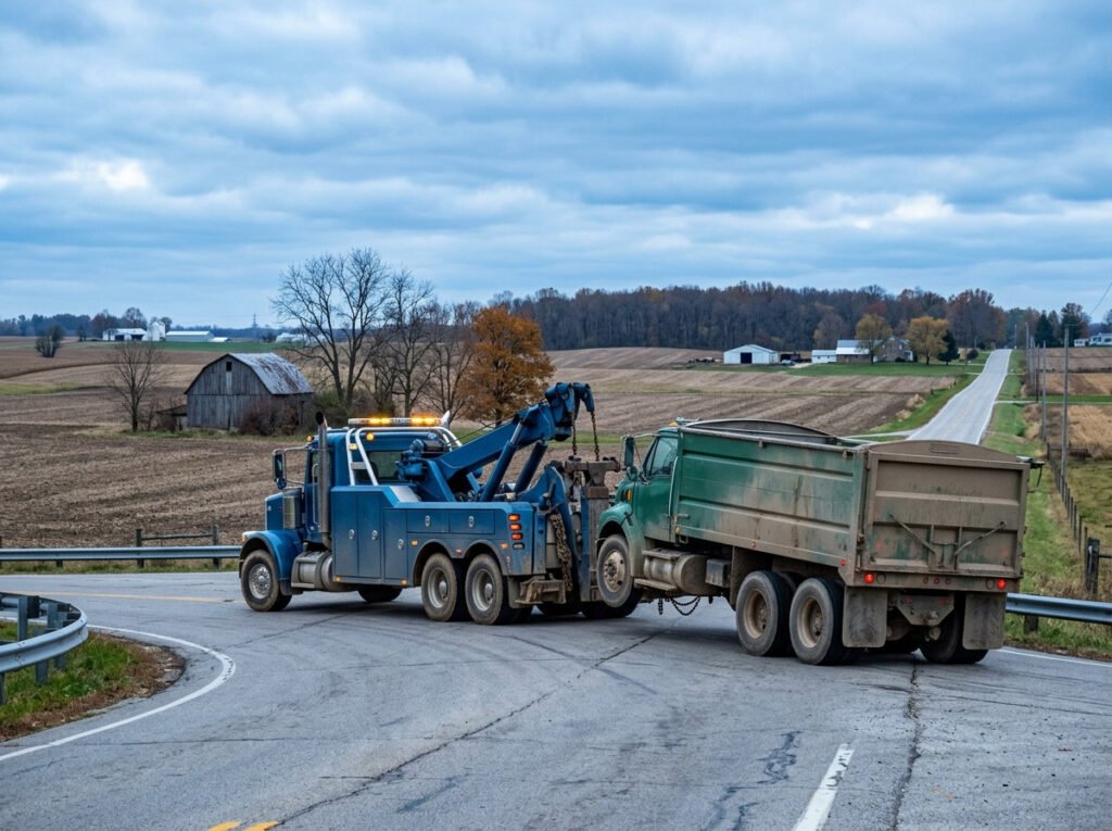Heavy duty tow truck wrecker towing a large farm truck near New Carlisle, Indiana