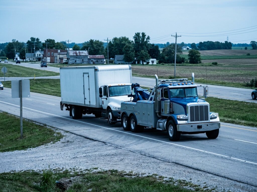 Heavy duty tow truck wrecker towing a large box truck near North Liberty, Indiana