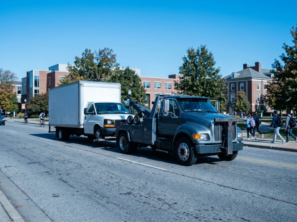 Heavy duty tow truck wrecker towing a large rental van near Notre Dame, Indiana