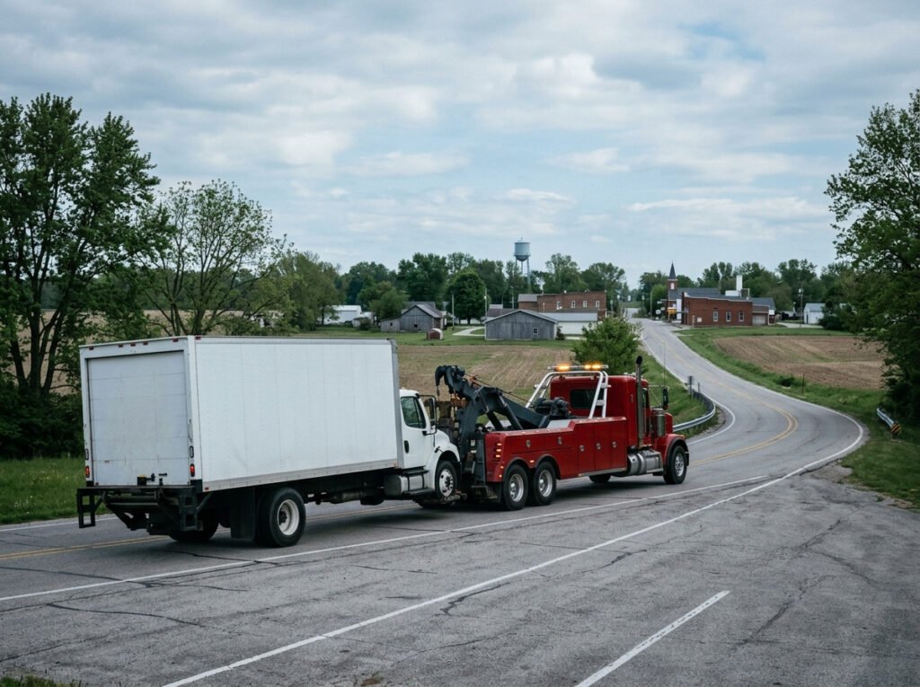 Heavy duty tow truck wrecker towing a large box truck near Osceola, Indiana
