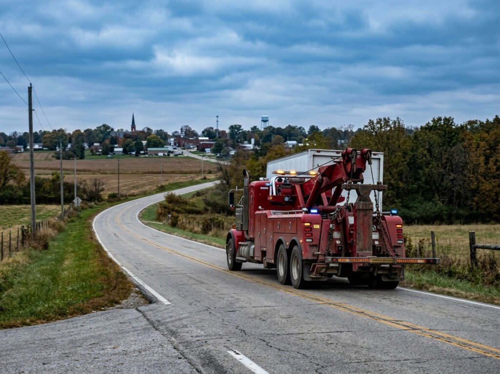 Heavy duty tow truck wrecker towing a large box truck near Roseland, Indiana
