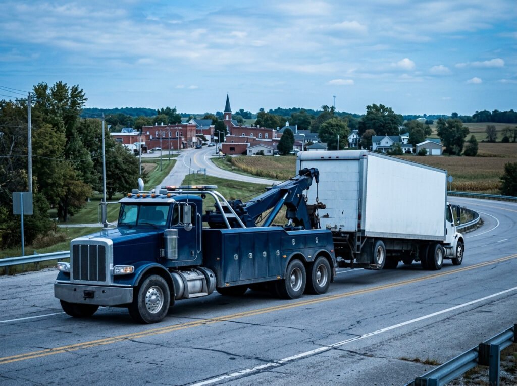 Heavy duty tow truck wrecker towing a large box truck near Walkerton, Indiana