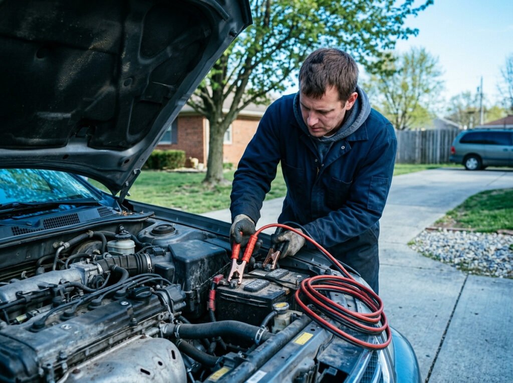 Technician connecting jumper cables to a car battery for a jump start in Granger, Indiana