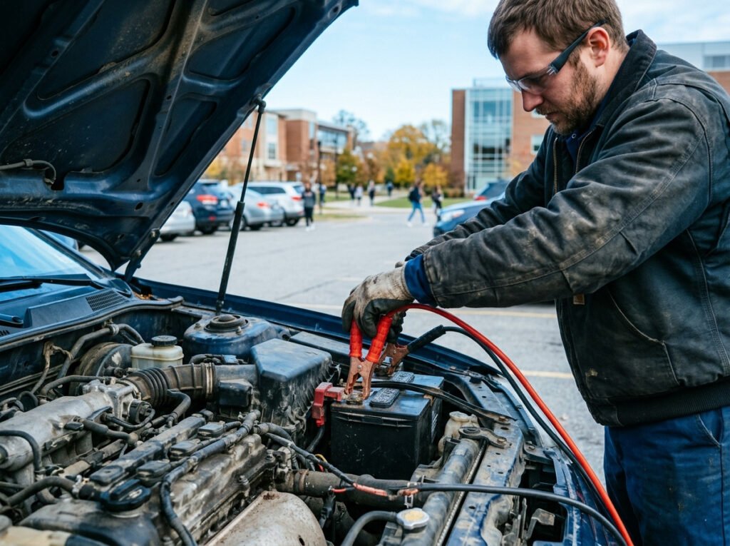 Technician connecting jumper cables to a car battery for a jump start near Notre Dame, Indiana