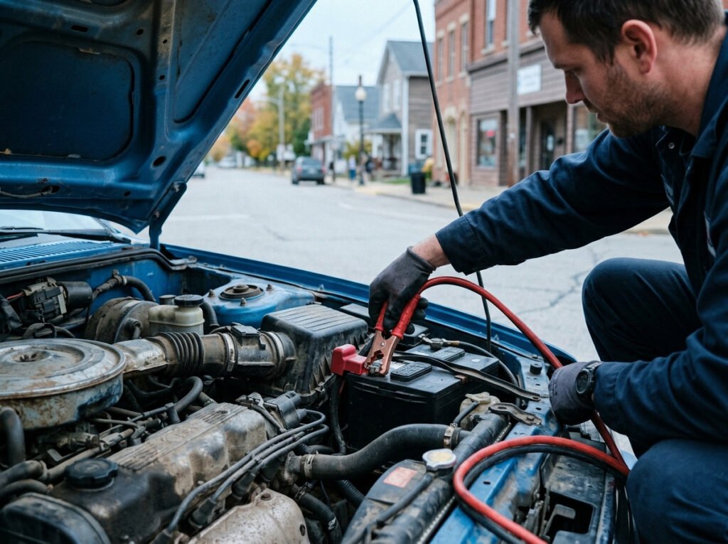 Technician connecting jumper cables to a car battery for a jump start in Osceola, Indiana