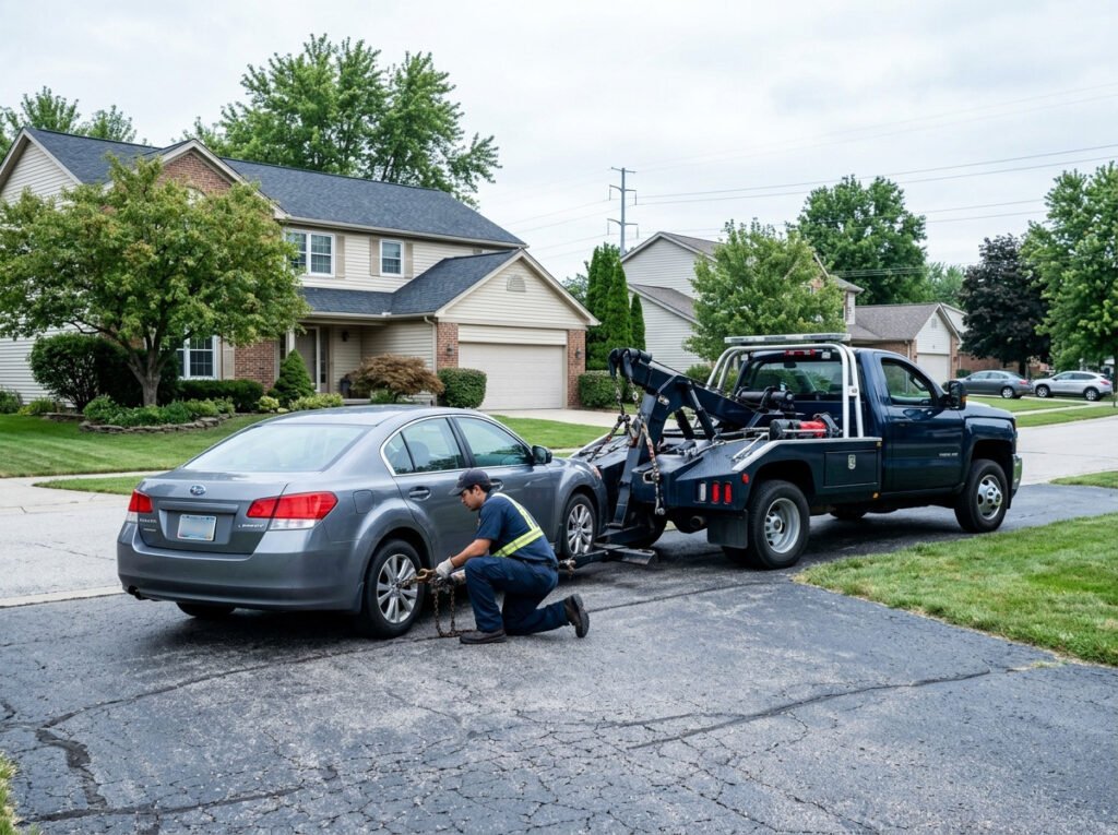 Tow truck hooking up a sedan in a driveway in Granger, Indiana