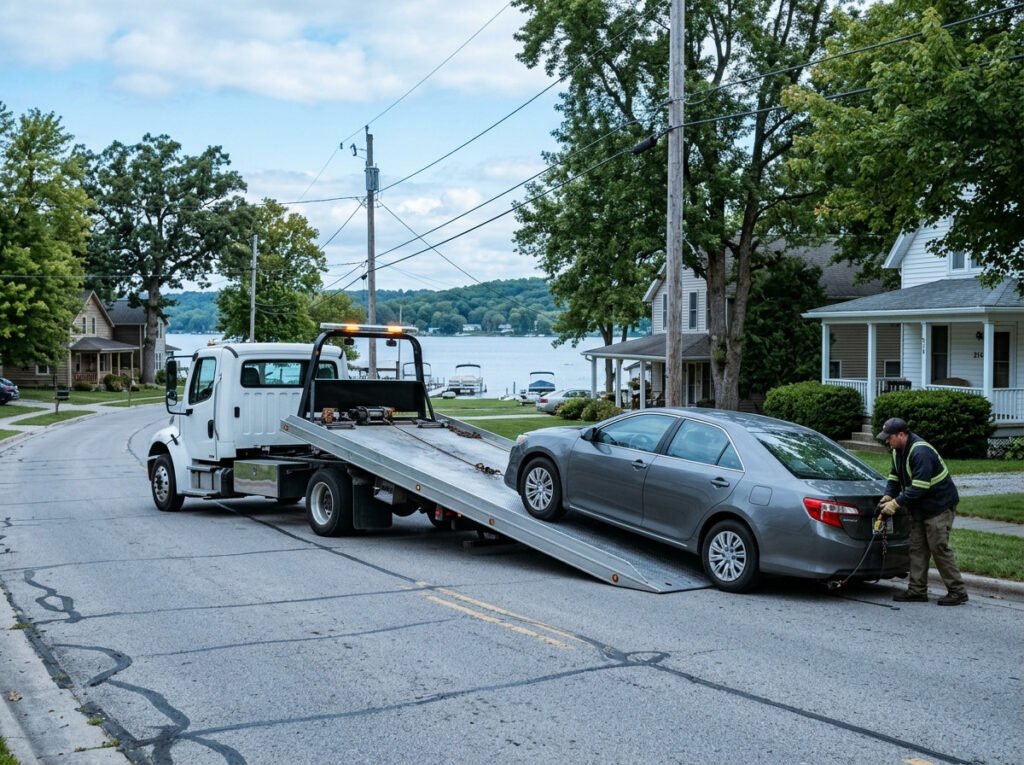 Tow truck hooking up a sedan on a residential street in Lakeville, Indiana