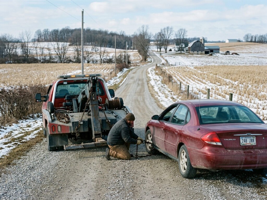 Tow truck hooking up a sedan in a farm driveway near New Carlisle, Indiana