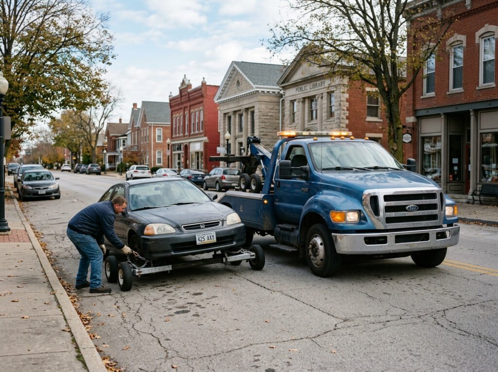 Tow truck hooking up a sedan on a residential street near North Liberty, Indiana