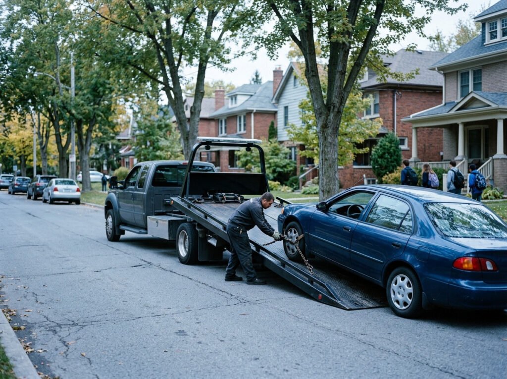 Tow truck hooking up a sedan on a residential street near Notre Dame, Indiana