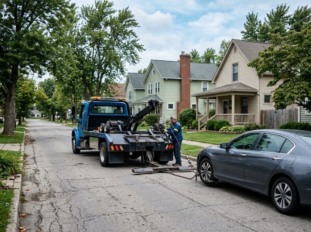 Tow truck hooking up a sedan on a residential street in Osceola, Indiana