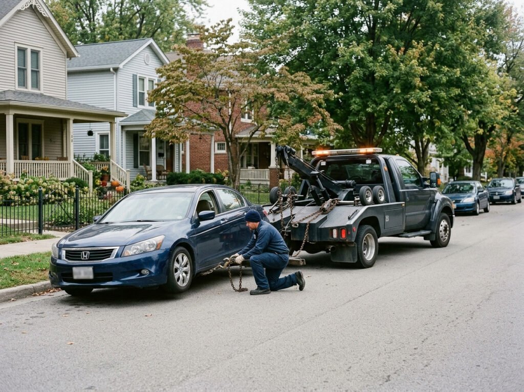 Tow truck hooking up a sedan on a residential street in Roseland, Indiana