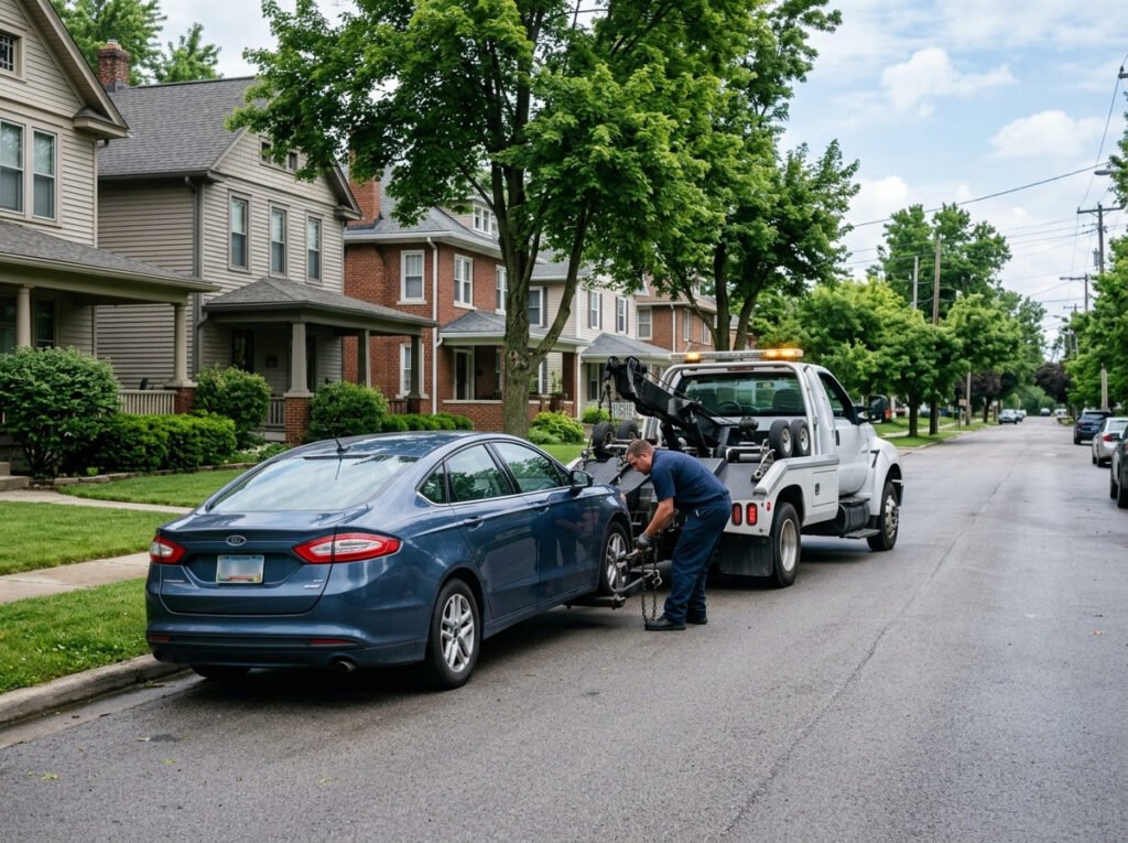 Tow truck hooking up a sedan on a residential street in Walkerton, Indiana
