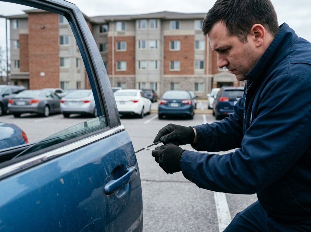 Technician unlocking a car door without damage during a lockout service call near Notre Dame, Indiana