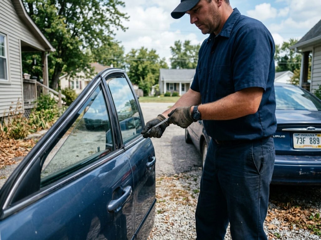 Technician unlocking a car door without damage during a lockout service call in Osceola, Indiana
