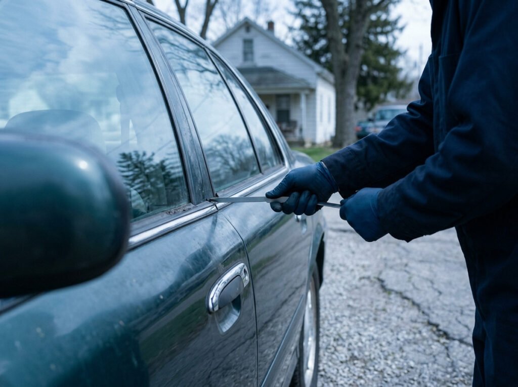 Technician unlocking a car door without damage during a lockout service call in Roseland, Indiana