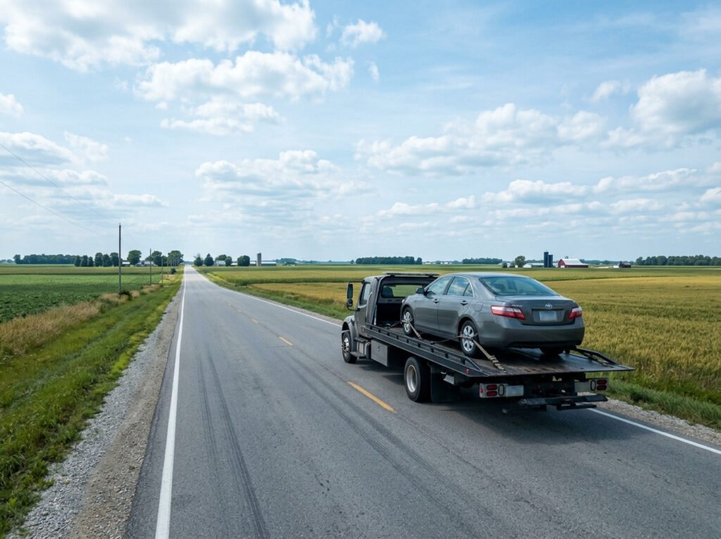 Flatbed tow truck carrying a sedan down a rural highway near New Carlisle, Indiana