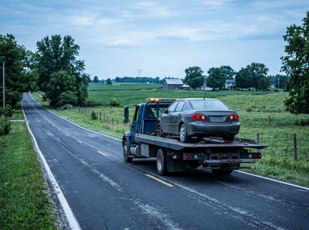 Flatbed tow truck carrying a sedan down a rural highway near North Liberty, Indiana