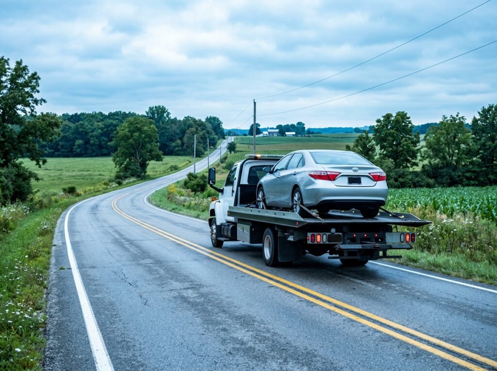 Flatbed tow truck carrying a sedan down a rural highway near Walkerton, Indiana