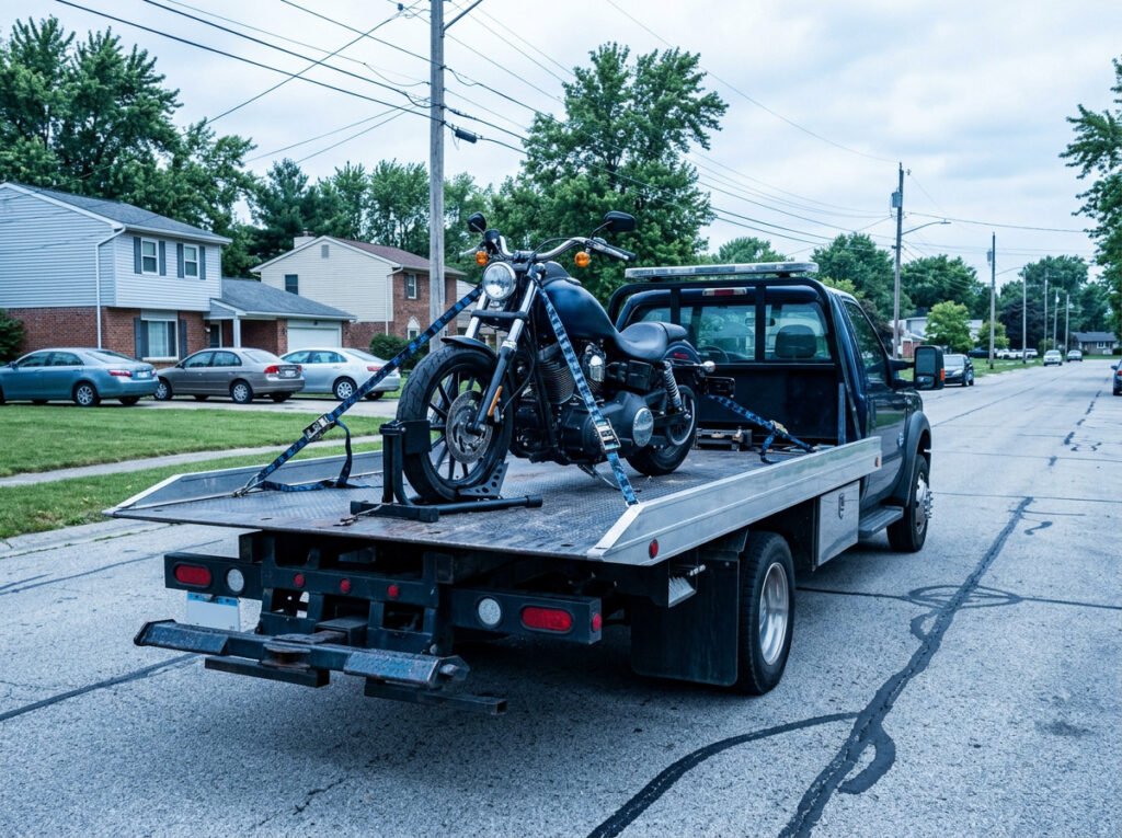 Flatbed tow truck with a motorcycle secured upright on the bed in Granger, Indiana