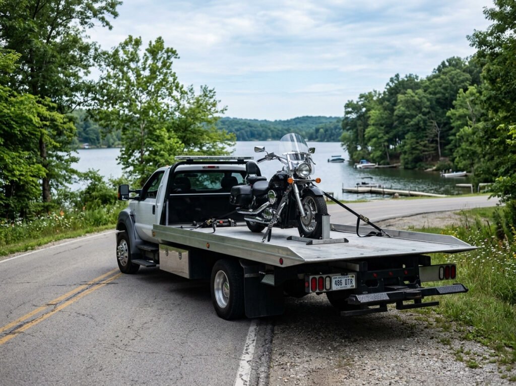 Flatbed tow truck with a motorcycle secured upright on the bed in Lakeville, Indiana
