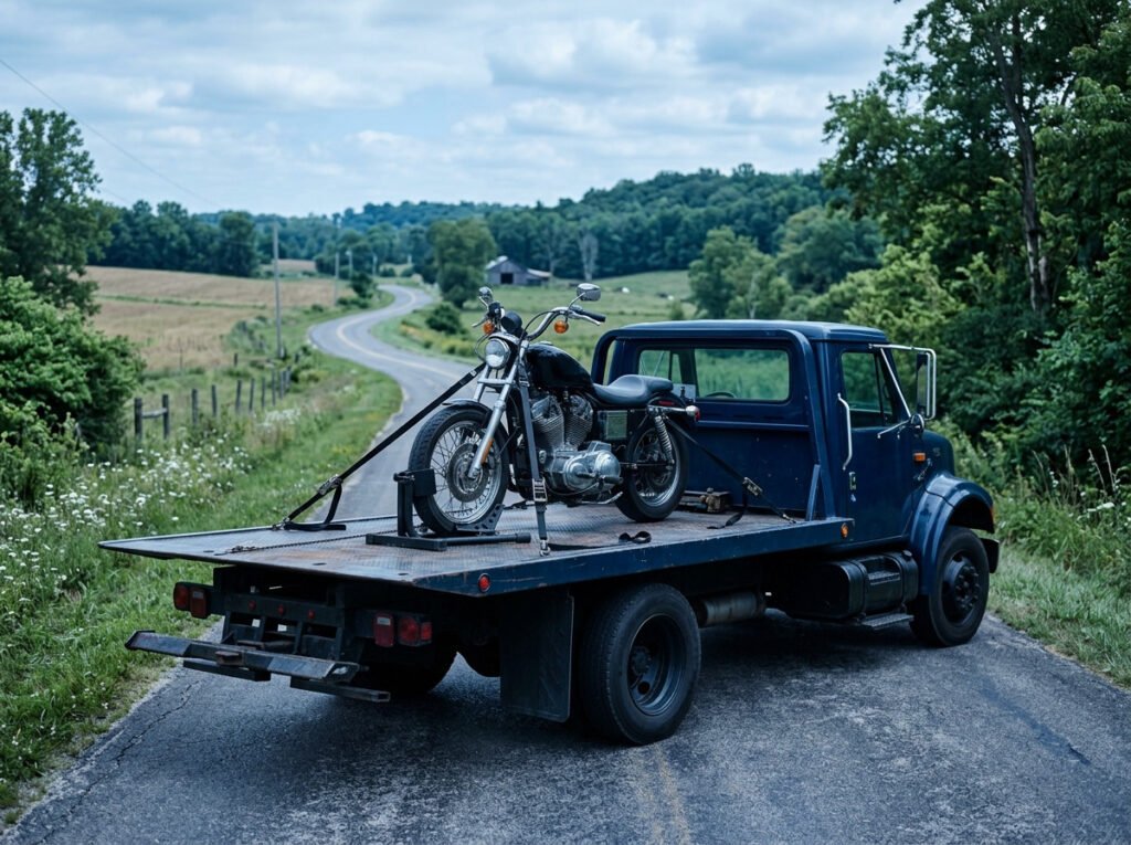 Flatbed tow truck with a motorcycle secured upright on the bed near New Carlisle, Indiana
