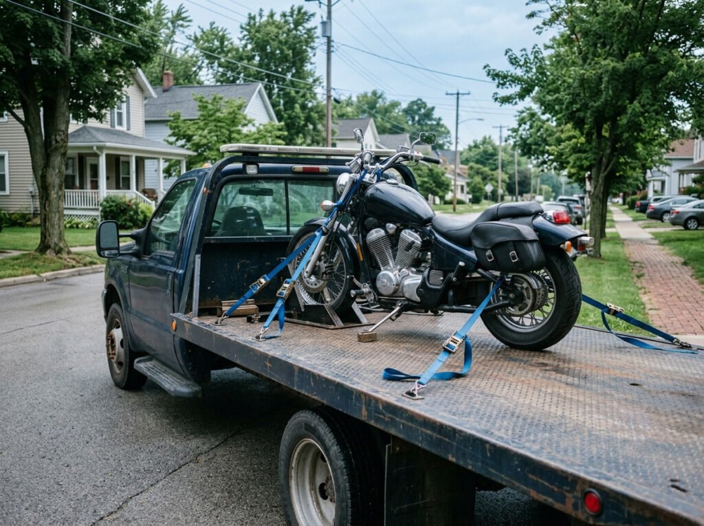 Flatbed tow truck with a motorcycle secured upright on the bed near North Liberty, Indiana
