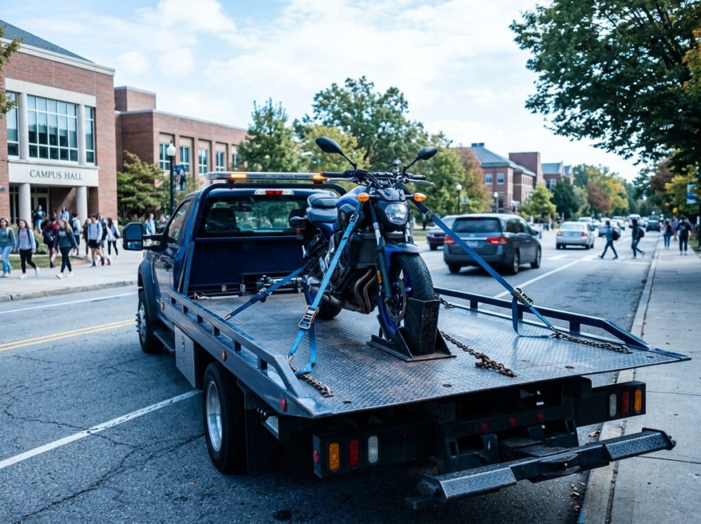 Flatbed tow truck with a motorcycle secured upright on the bed near Notre Dame, Indiana