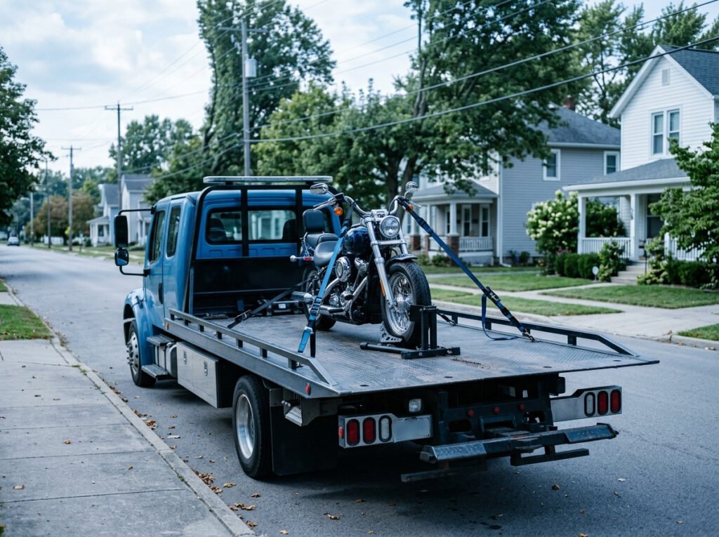 Flatbed tow truck with a motorcycle secured upright on the bed in Osceola, Indiana