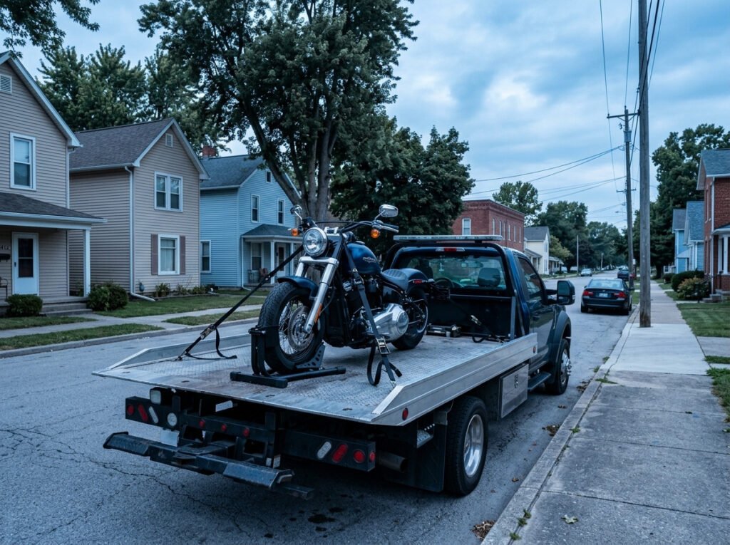 Flatbed tow truck with a motorcycle secured upright on the bed in Roseland, Indiana