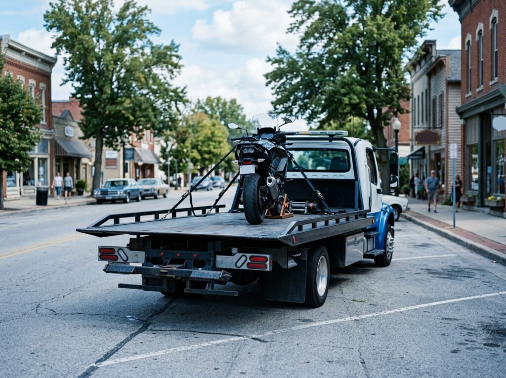 Flatbed tow truck with a motorcycle secured upright on the bed in Walkerton, Indiana