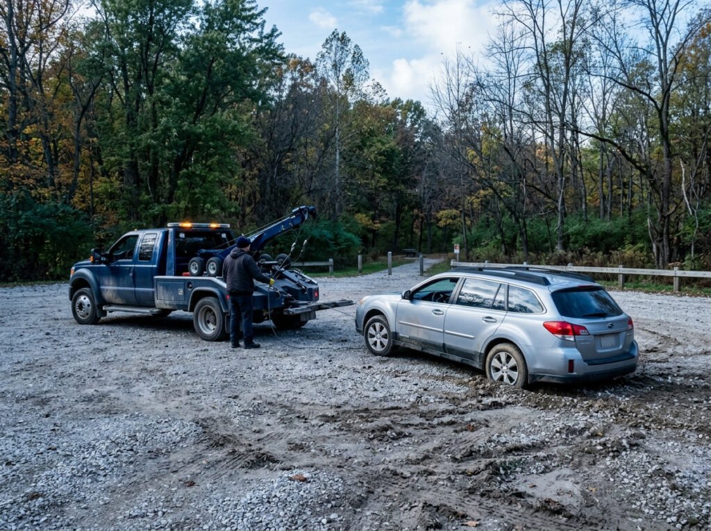 Tow truck winching a car out of a gravel lot near Potato Creek State Park in Lakeville, Indiana