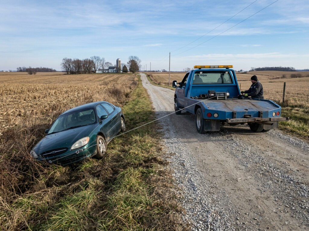 Tow truck winching a car out of a ditch along a rural road near New Carlisle, Indiana