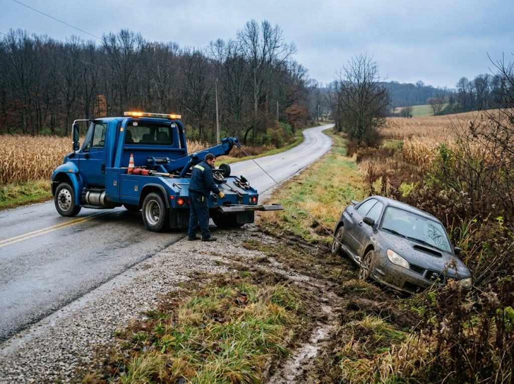 Tow truck winching a car out of a roadside ditch near North Liberty, Indiana