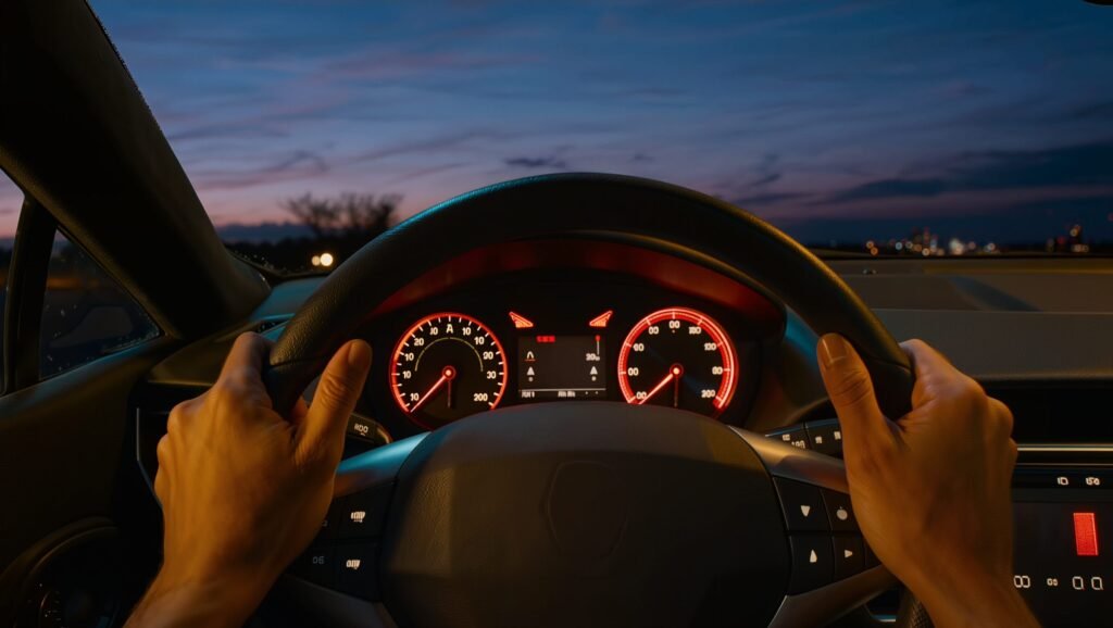 Illuminated check engine and temperature warning lights glowing on a car dashboard at dusk