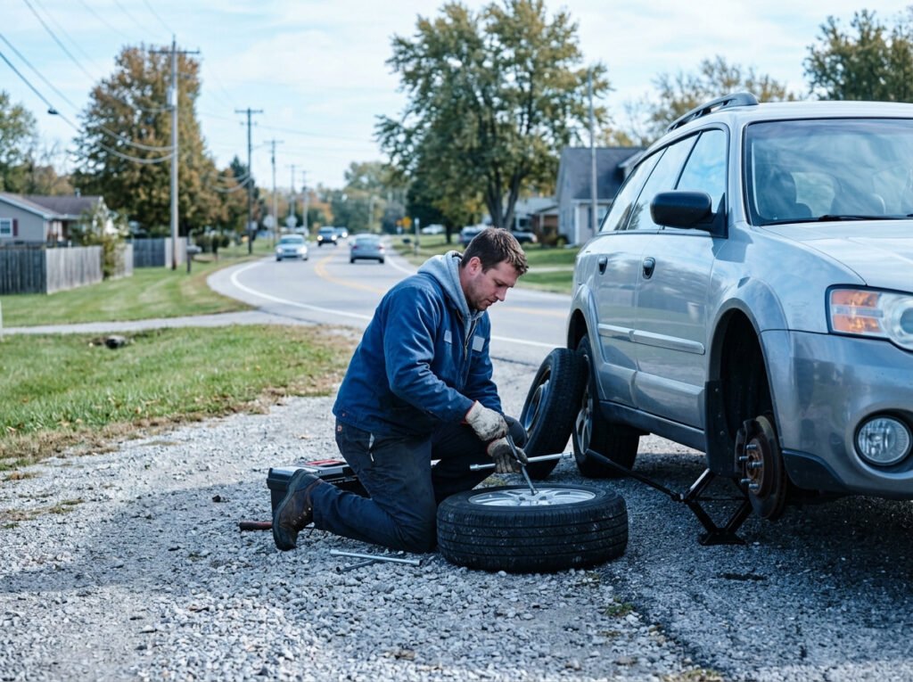 Technician changing a flat tire on the roadside in Granger, Indiana